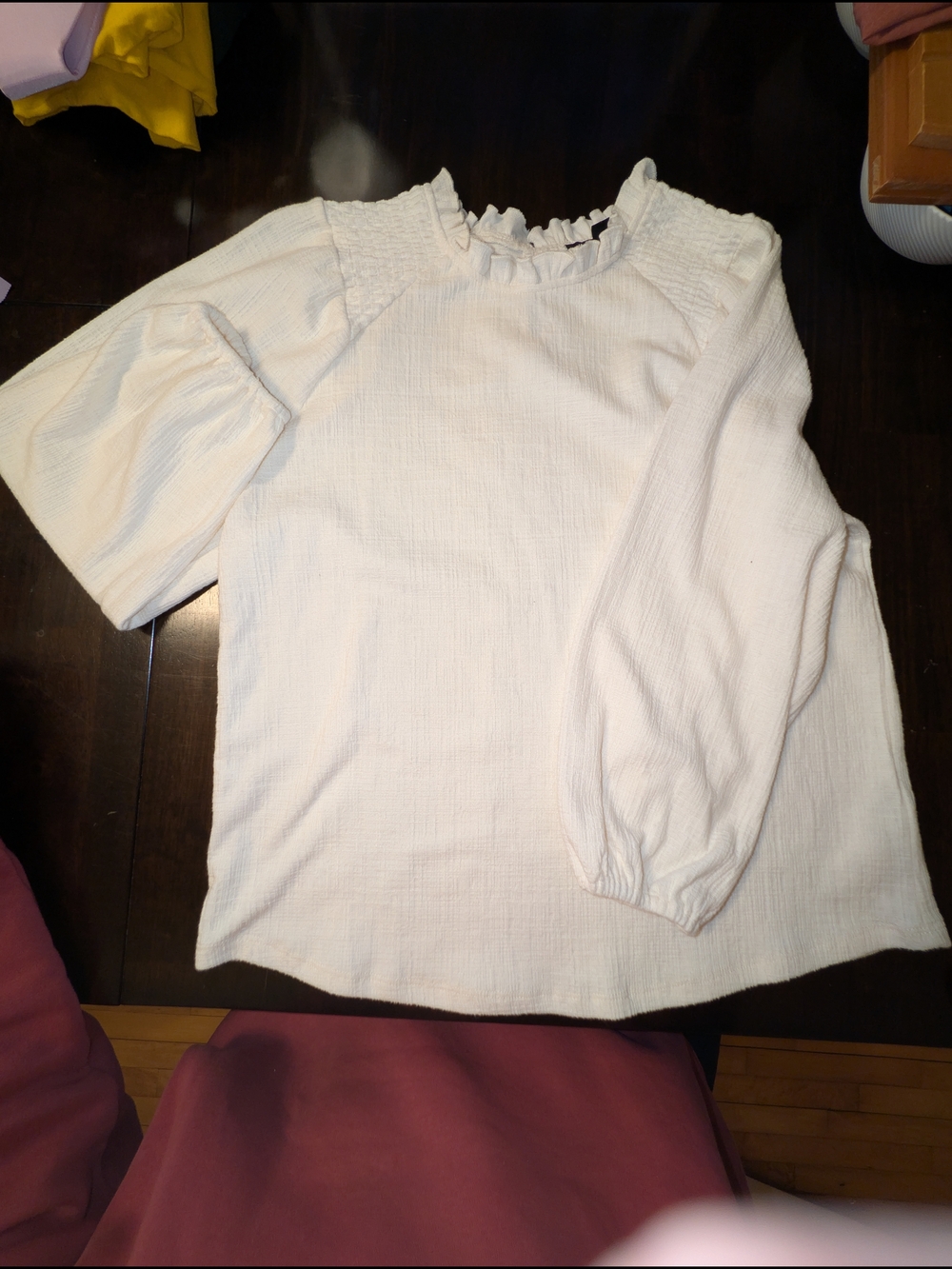 Current Air Anthropologie White Ruffle Neck Blouse; Girly Polished Puff Sleeves